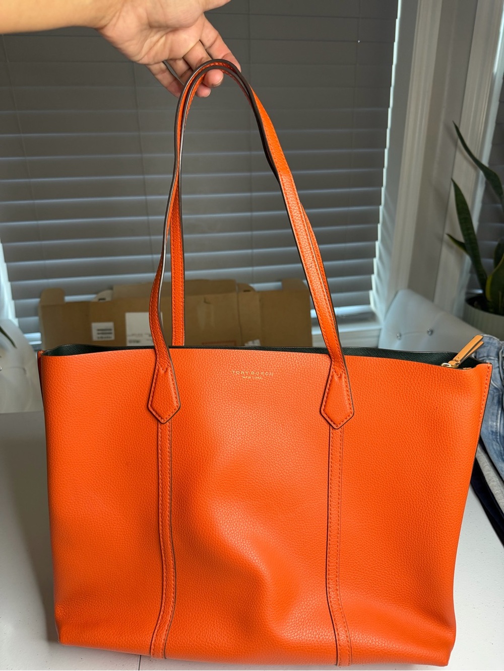 Tory Burch Bright Orange Pebbled Leather Tote